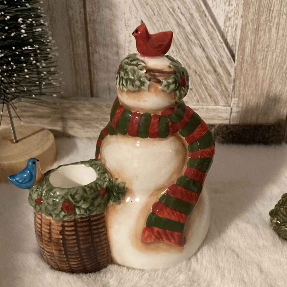 Ceramic Snowman Taper Candlestick Holders